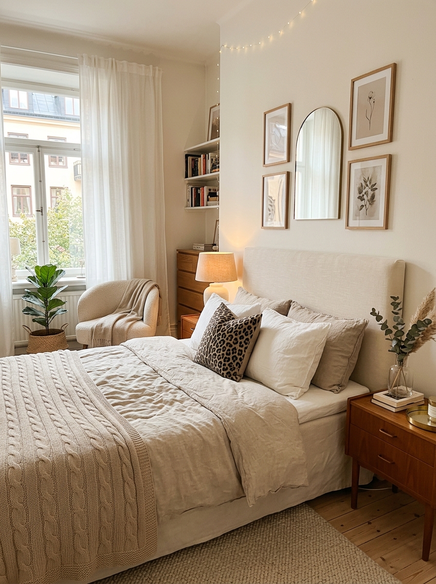 Cozy Stockholm aesthetic bedroom with cream or blush bed, soft neutral bedding, one leopard-print throw blanket or accent pillow, warm lighting, and feminine decor