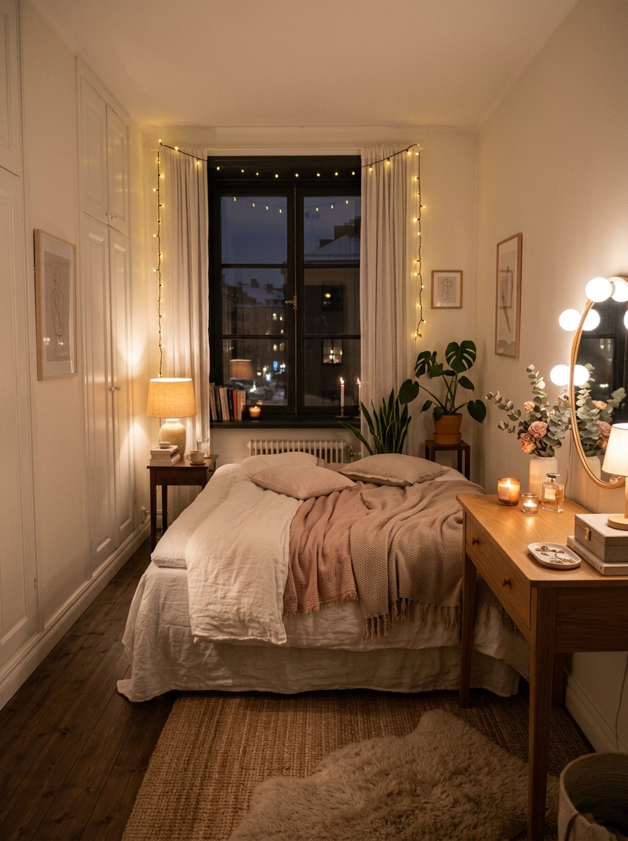 Nighttime Stockholm room with softly lit bedroom, bedside lamps, vanity lights, layered bedding, and warm glow across white and blush decor