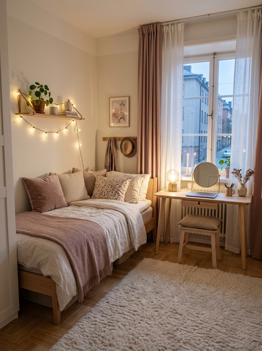 Compact Stockholm-style bedroom with small bed, slim desk or vanity, fluffy rug, soft neutral decor, open space, warm lighting, and balanced feminine mood