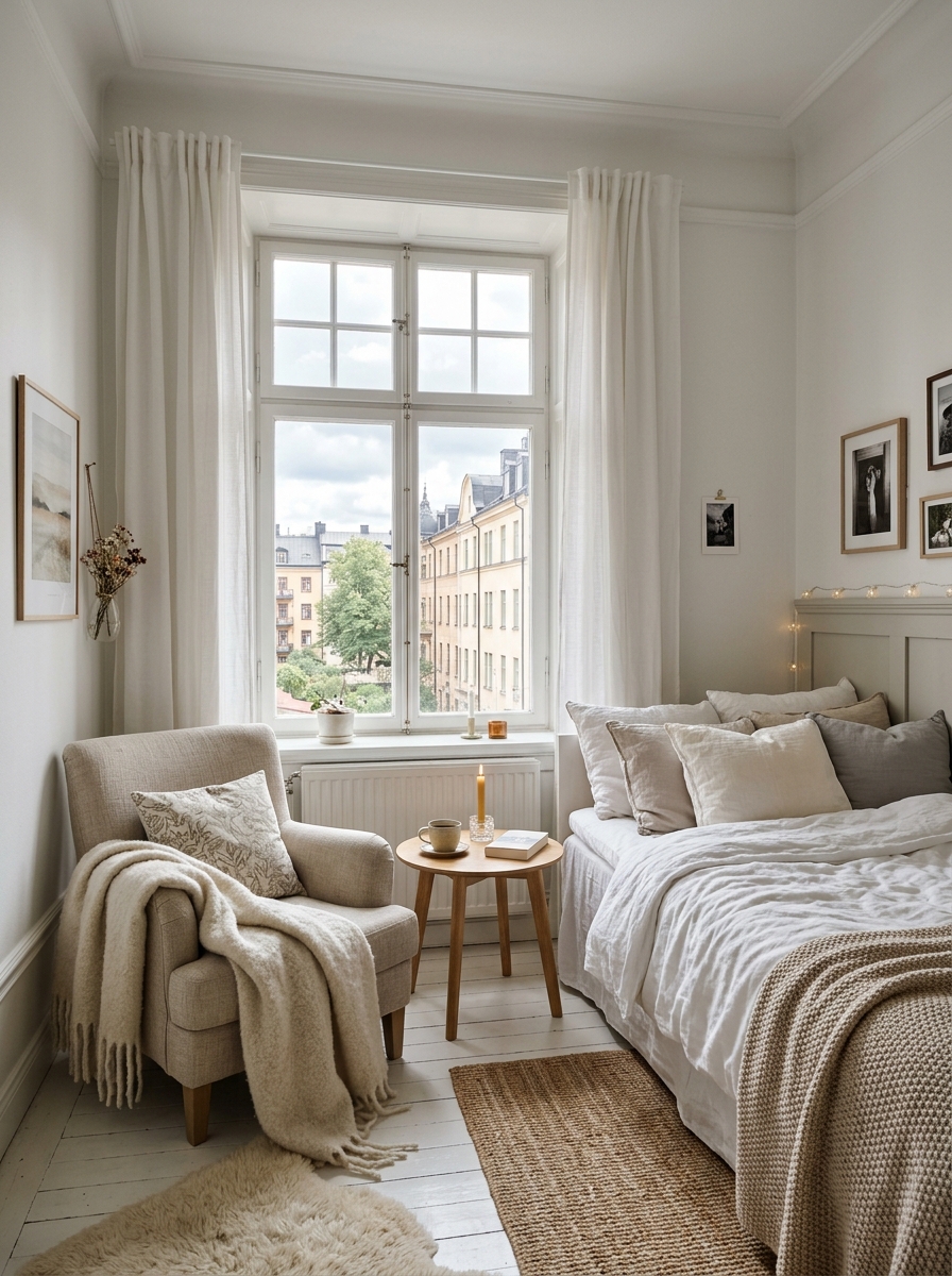 Stockholm-style bedroom with small window-side seating corner, cozy chair or cushioned bench, throw blanket, small side table, softly styled bed, neutral tones, and gentle daylight