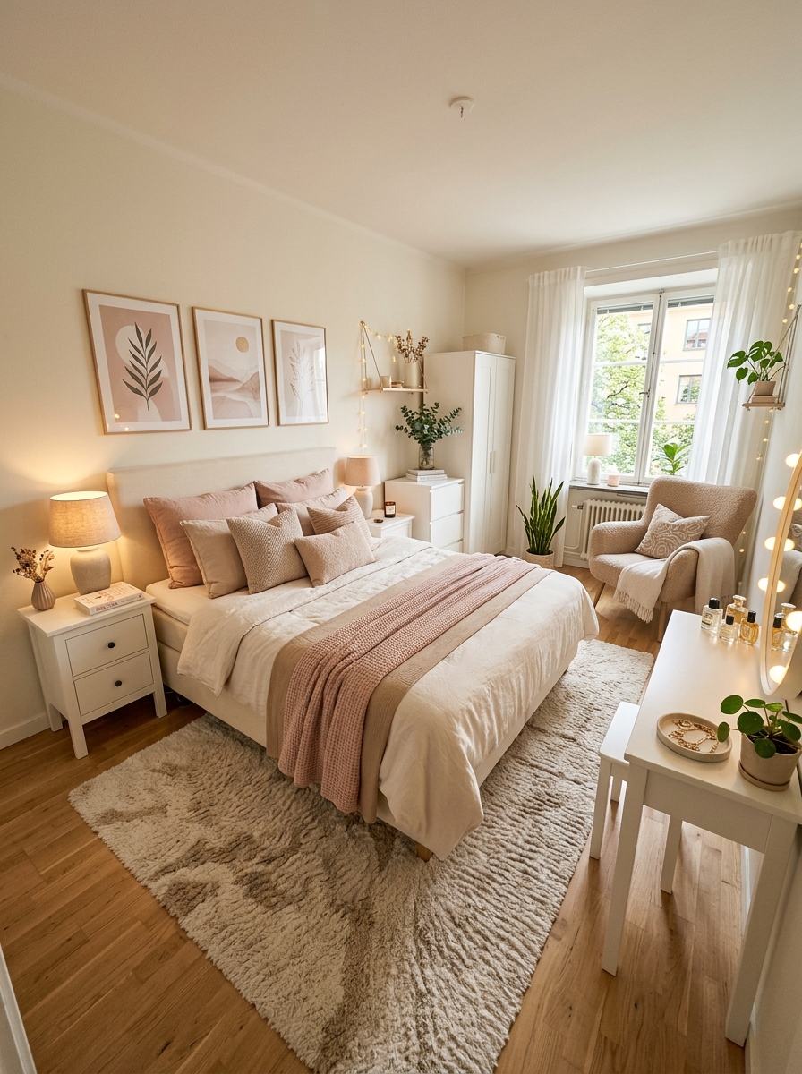 Full Stockholm-style bedroom layout with cream bed, blush and beige accents, white furniture, vanity corner, soft lighting, fluffy rug, gentle wall art, and tidy stylish layout
