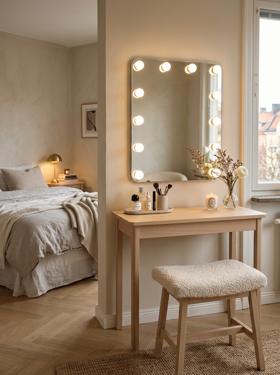 Stockholm-style bedroom vanity corner with white or pale wood desk, mirror framed by soft bulb lights, cushioned stool, beauty products, candle, small vase, warm lighting, and soft neutral tones