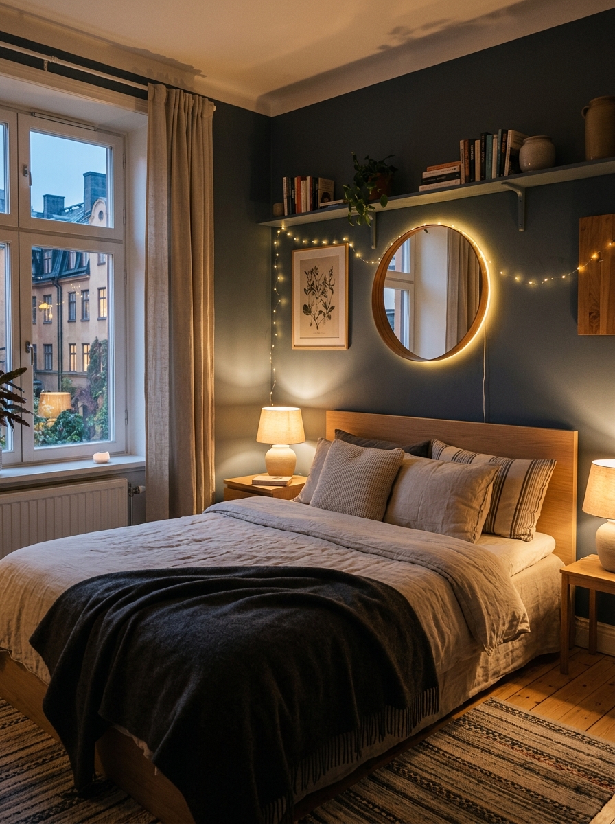 Evening Stockholm room with soft bedside lamps, fairy lights, warm mirror lighting, neatly made neutral bed, and calm intimate glow