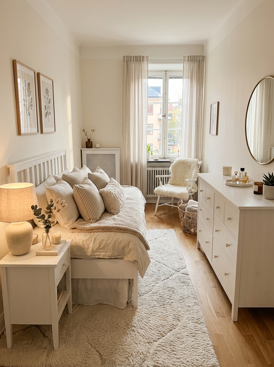 Stockholm-inspired bedroom with white bed frame, white nightstand, white dresser, cream bedding, beige accents, plush rug, warm lighting, and cozy feminine atmosphere