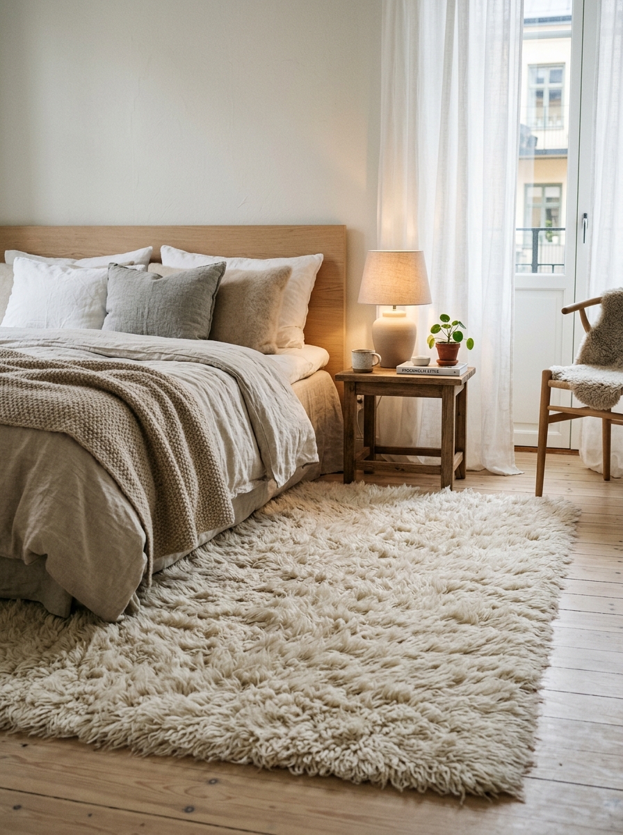 Stockholm aesthetic bedroom focused on plush cream or beige fluffy rug, soft neutral bedding, pale wood flooring, and warm-lit bedside corner