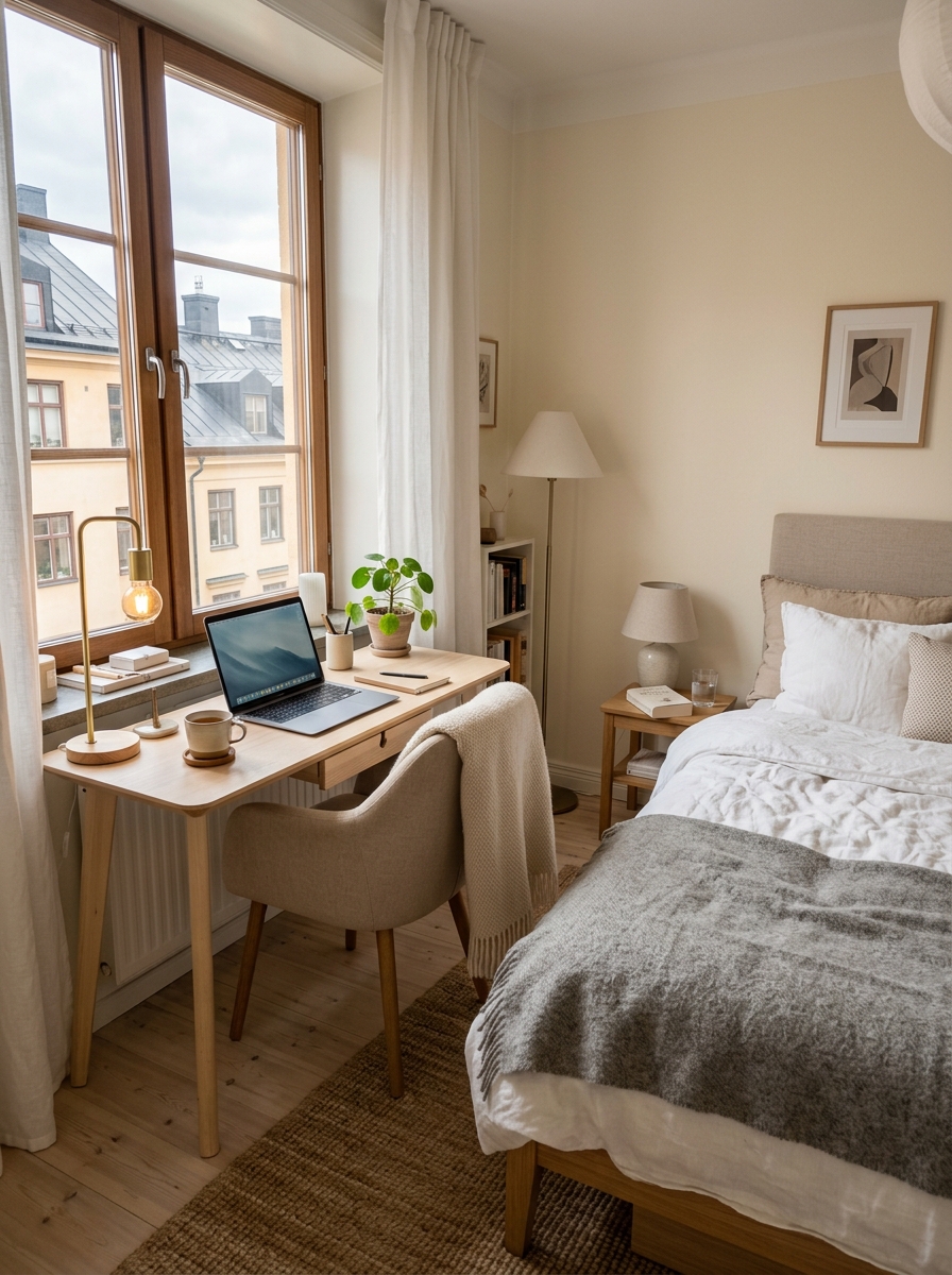 Cozy Stockholm bedroom with white or pale wood study desk near the bed, soft chair, desk lamp, laptop, organized stationery, warm neutral decor, cozy bed, and soft daylight