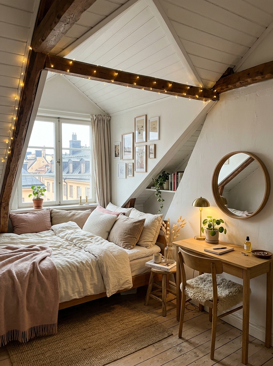 Stockholm-style attic bedroom with sloped ceiling, low cozy bed, cream bedding, soft pink and beige accents, warm fairy lights, and compact vanity or desk area
