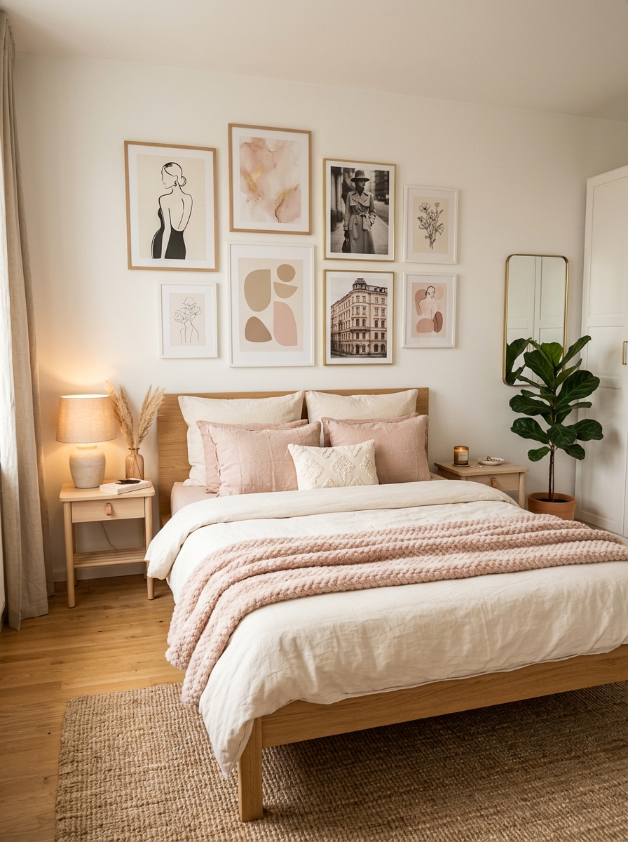 Stockholm aesthetic bedroom with cream and blush bedding beneath soft neutral framed prints, abstract feminine sketches, and generic fashion-inspired gallery wall art without brand logos