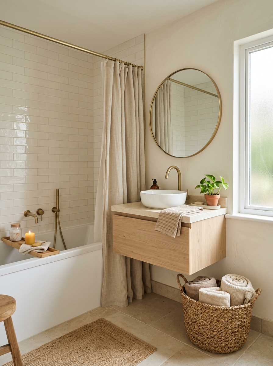 Bright warm neutral bathroom with ivory walls, white bathtub, pale oak vanity, creamy stone counter, brass fixtures, linen curtain, basket, towels, and frosted window