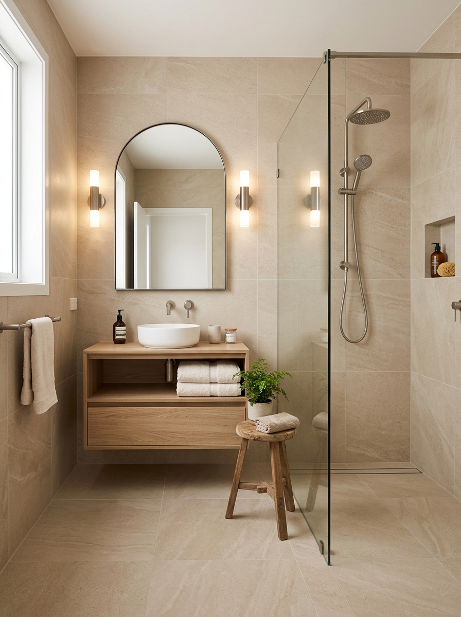 Warm neutral bathroom with sandy beige floor and shower tile, frameless glass, oak floating vanity, nickel fixtures, towels, arched mirror, and wood stool