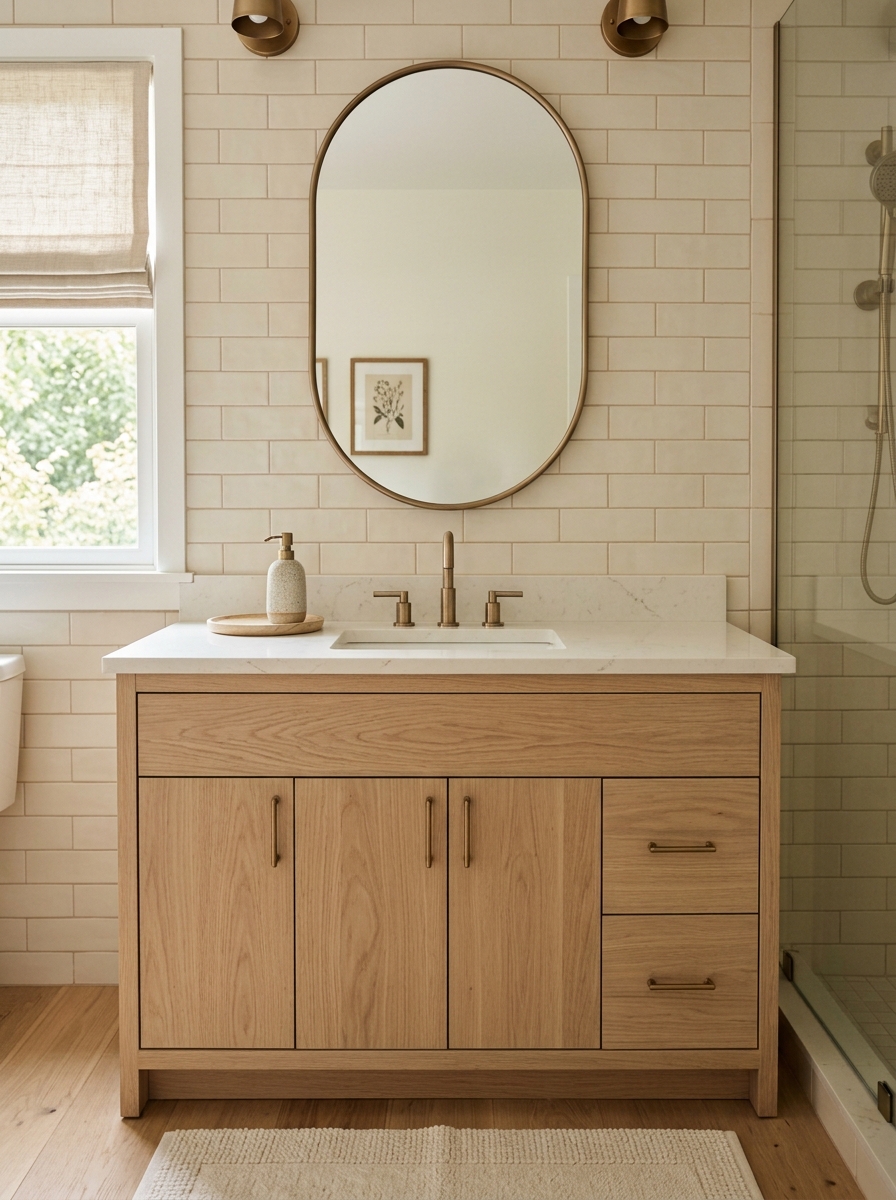 Warm neutral bathroom centered around pale oak vanity with visible wood grain, white stone counter, oval mirror, bronze hardware, creamy tile, soap dispenser, tray, and towel