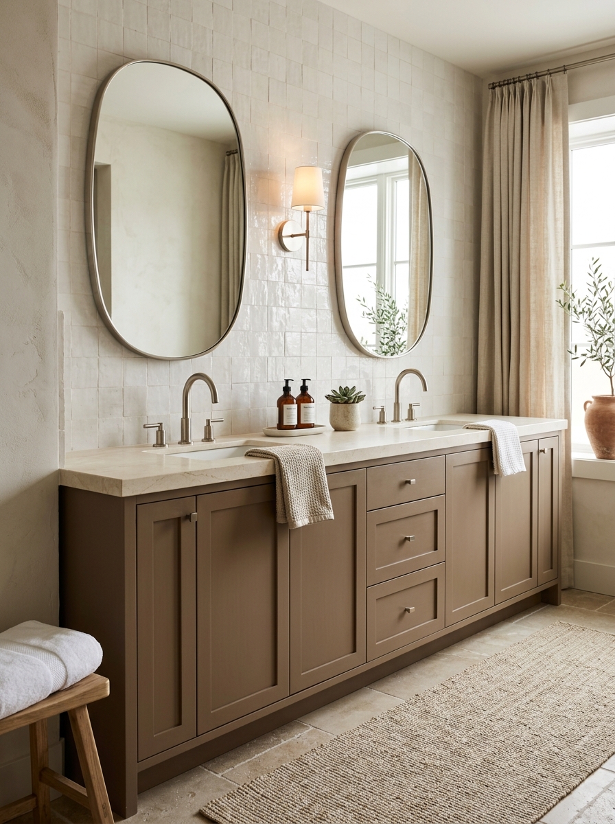 Refined bathroom with warm mushroom taupe cabinetry, cream stone counter, rounded mirrors, nickel faucets, warm white handmade tile, oatmeal runner, and ceramics