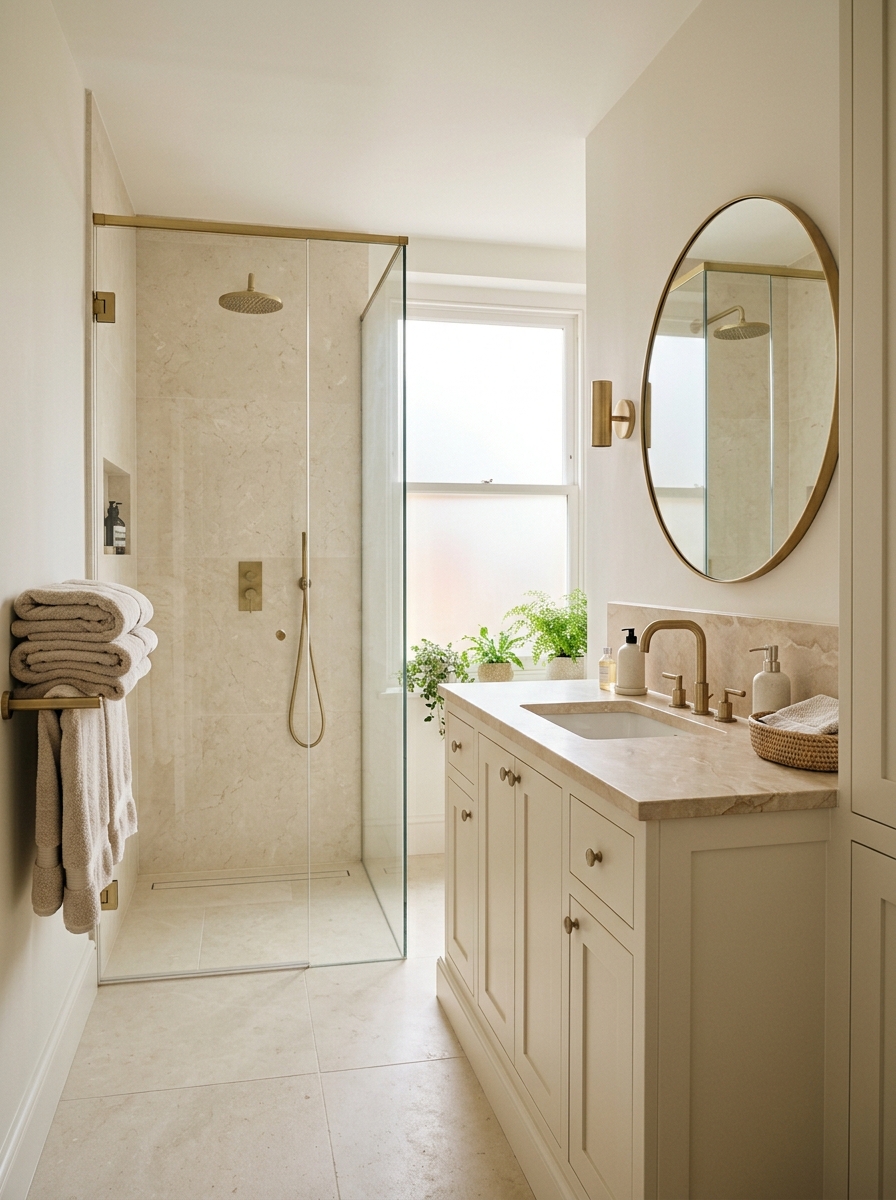 Cream bathroom with natural stone surfaces, cream vanity, warm limestone counter, pale stone shower wall, white walls, brass fixtures, glass shower, and oatmeal towels