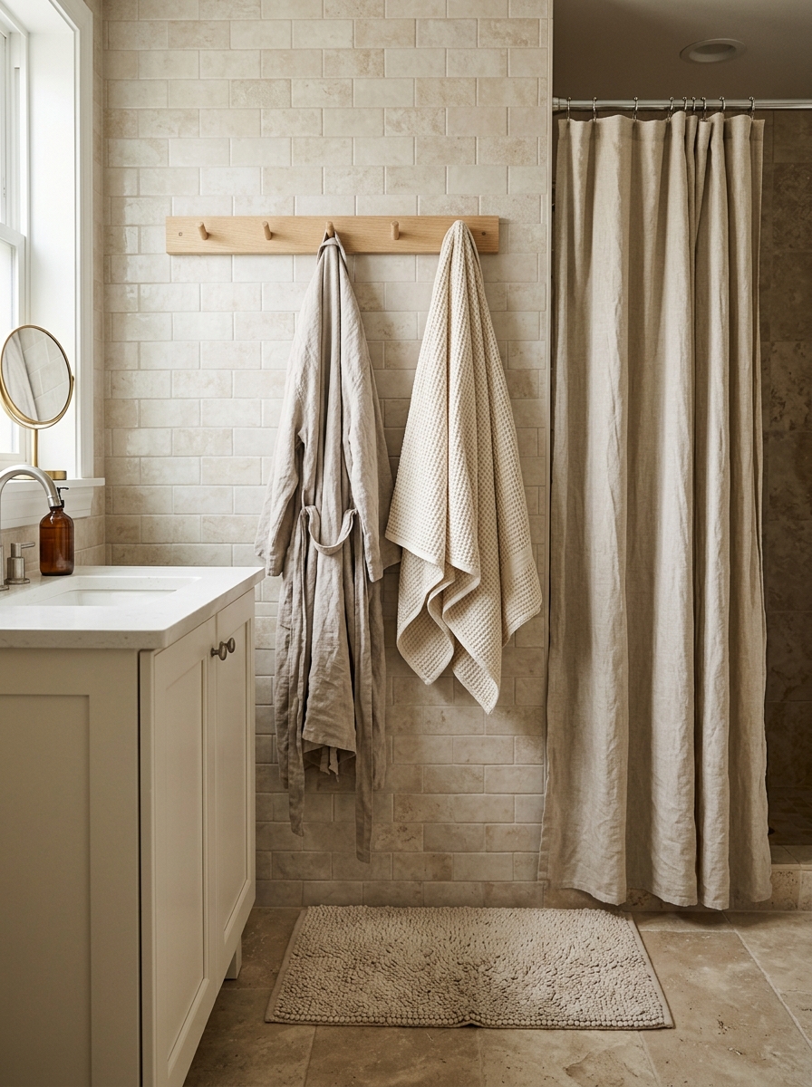 Warm neutral bathroom textile detail with oatmeal linen shower curtain, cream waffle towels, beige bath mat, taupe robe, oak peg rail, warm white vanity, and beige tile