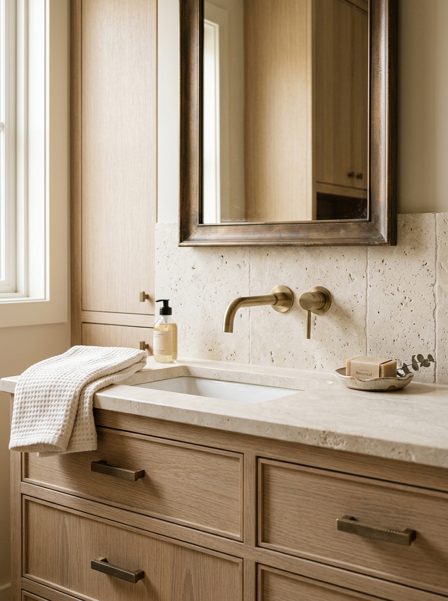 Warm neutral bathroom detail with brass and bronze fixtures, cream stone backsplash, pale oak cabinetry, brass faucet, aged bronze mirror frame, cabinet pulls, towels, and soap dish