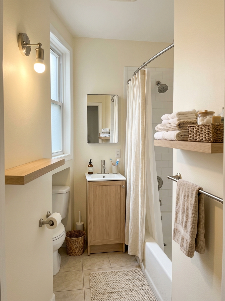 Very small warm neutral apartment bathroom with ivory walls, narrow oak vanity, mirrored medicine cabinet, beige floor tile, cream shower curtain, nickel fixtures, floating shelf, towels, and basket