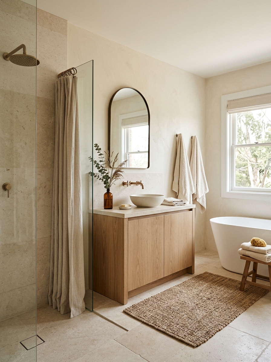 Complete warm neutral bathroom combining pale limestone shower walls, light oak vanity, ivory linen towels, oatmeal shower curtain, woven bath mat, bronze fixtures, arched mirror, and branches