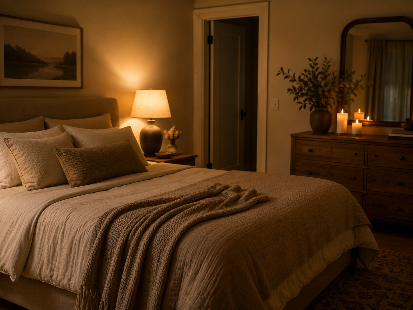 Cozy bedroom in the evening with a glowing bedside lamp, candles, and neutral bedding