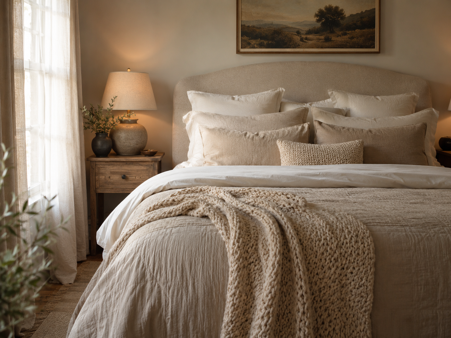 Cozy bedroom bed layered with linen bedding, pillows, a quilt, and a chunky knit throw