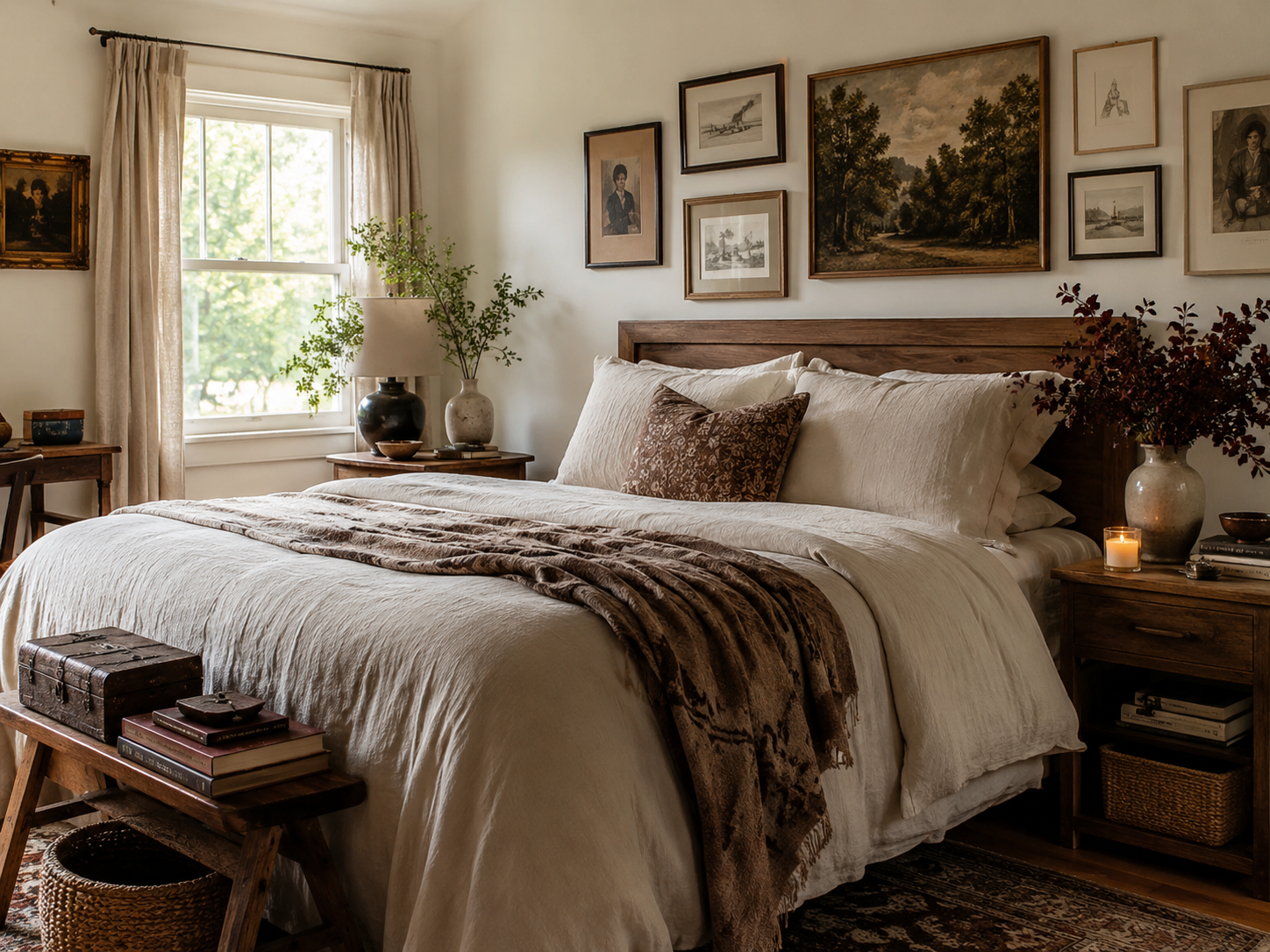 Personal cozy bedroom with framed artwork, books, a candle, woven basket, and handmade decor