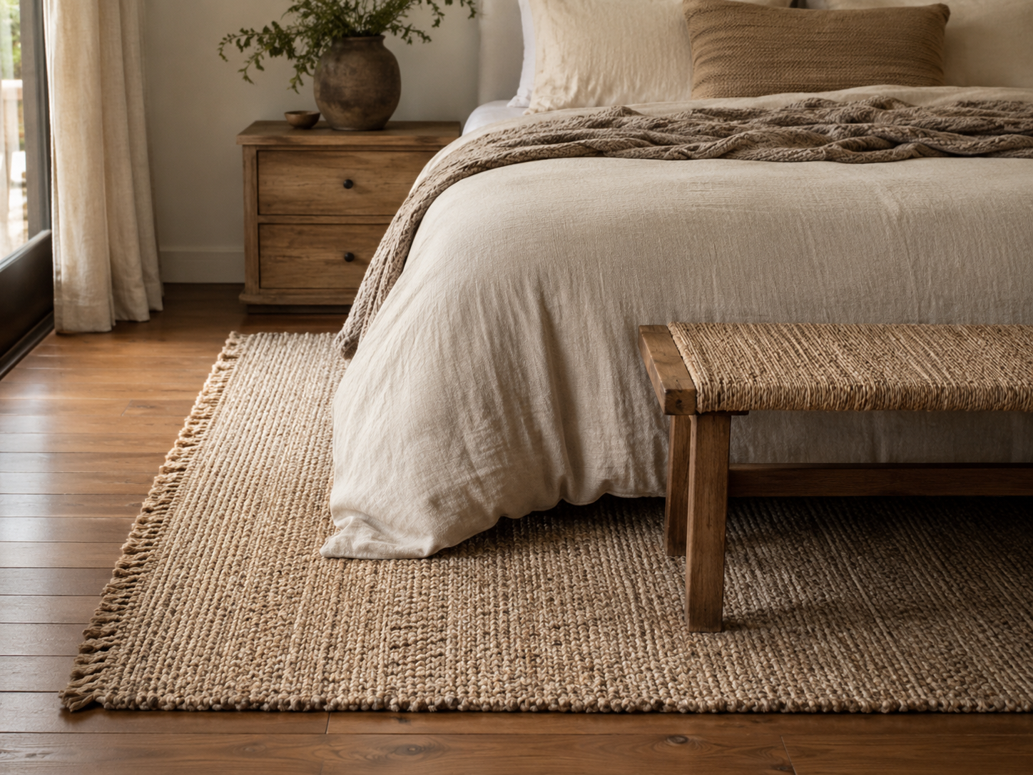 Cozy bedroom floor with warm wood, a textured rug under the bed, and soft bedding