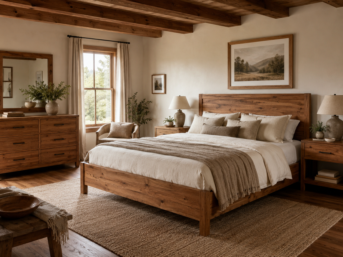 Bright cozy bedroom with a wooden bed frame, wood bedside tables, and cream bedding