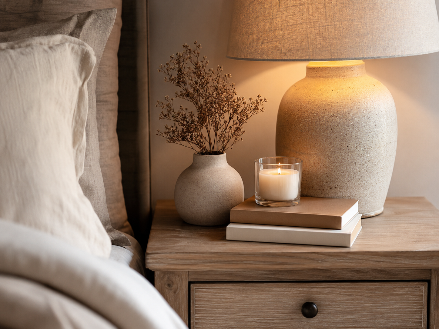 Styled bedroom nightstand with a warm lamp, candle, ceramic vase, books, and soft bedding