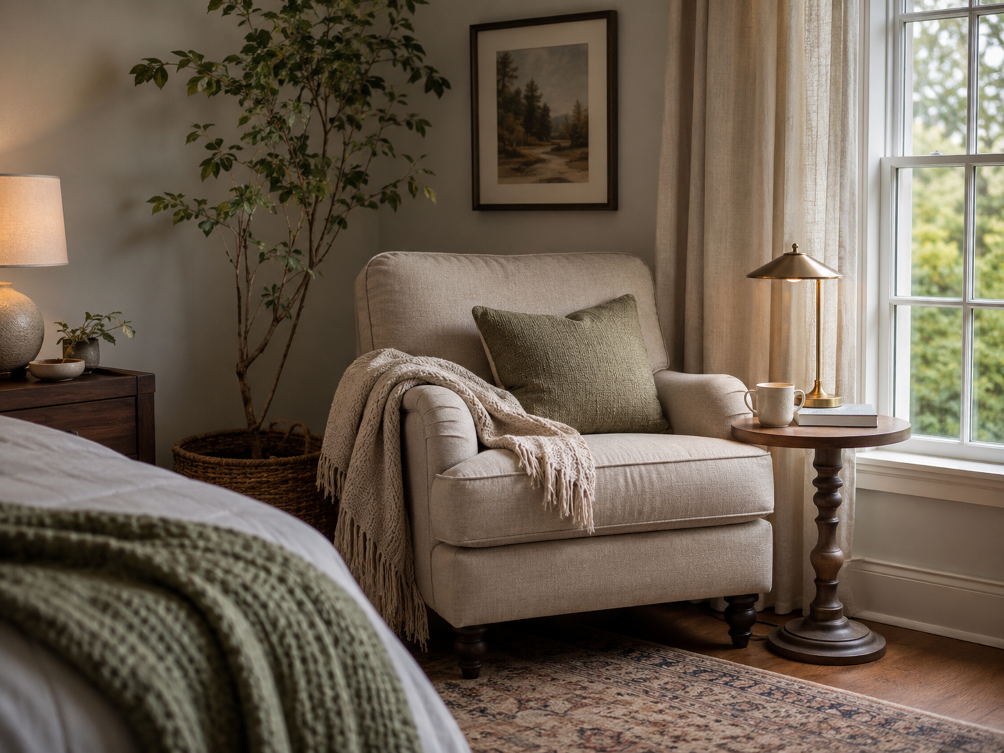 Cozy bedroom reading corner with an accent chair, side table, lamp, blanket, and plant