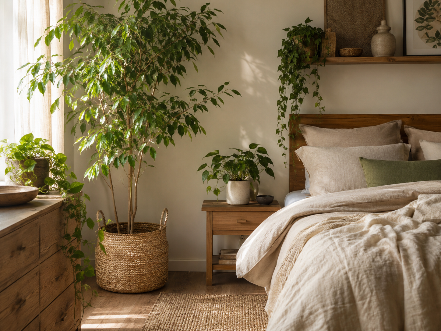 Cozy bedroom with greenery, a large plant in a woven basket, neutral bedding, and wood accents