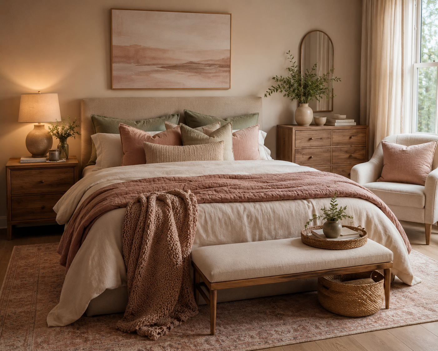 Cozy bedroom styled with dusty rose, warm beige, cream, soft brown, and muted sage tones
