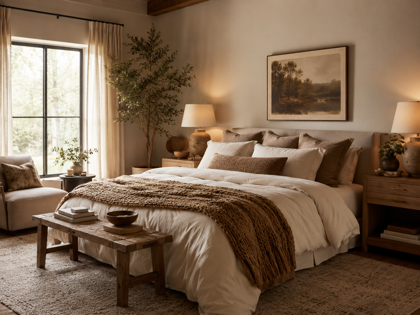 Cozy bedroom with layered neutral bedding, warm wood accents, and soft daylight