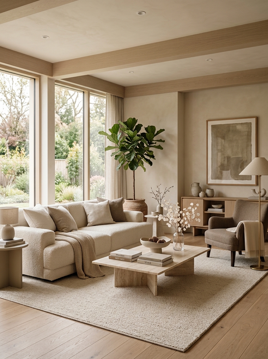Cozy home office with warm medium oak desk, laptop, notebook, ceramic mug, table lamp, plant, beige walls, upholstered chair, linen curtains, and daylight