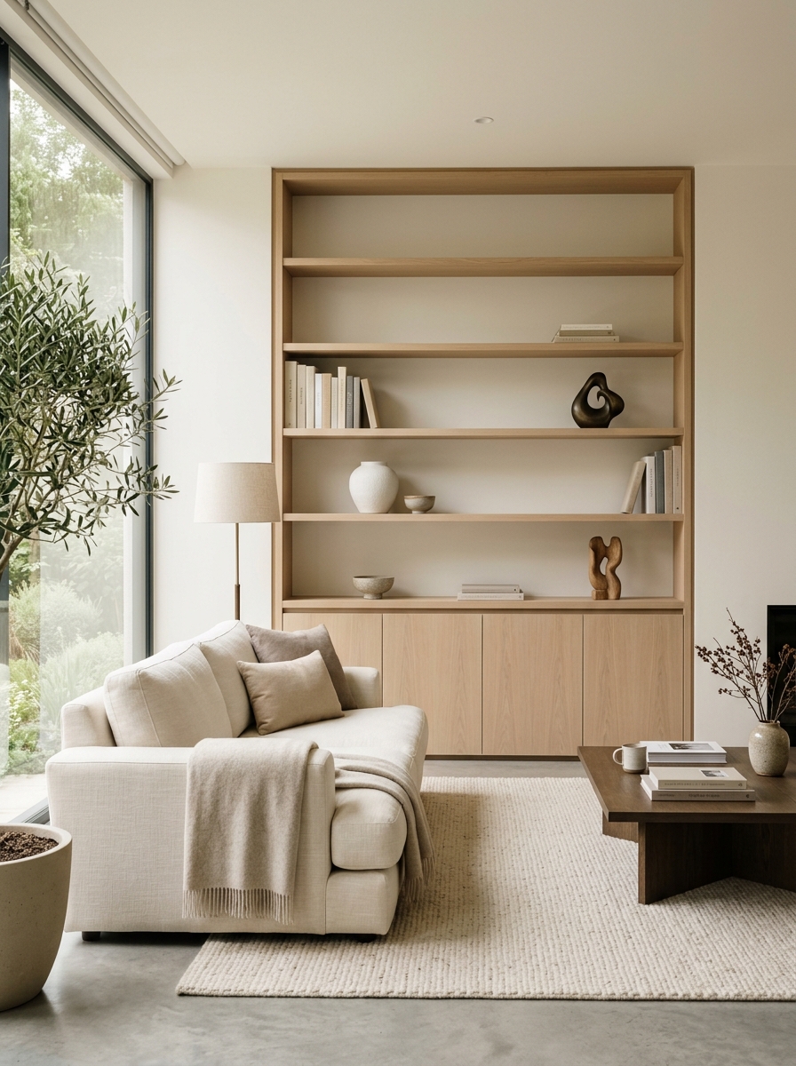 Cozy home office with smart storage, woven baskets, small cabinet, hidden office supplies, tidy desktop, soft textures, neutral tones, and warm styling