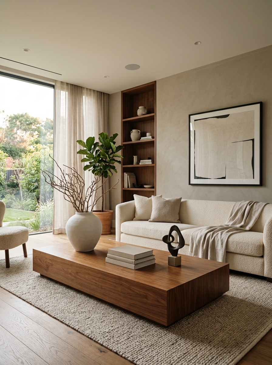 Cozy home office with personal decor, framed art above desk, meaningful books, ceramic object, styled shelf, wood desk, warm lamp, neutral chair, and lived-in atmosphere