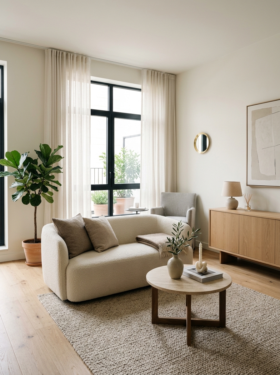 Cozy home office emphasizing layered texture with linen curtains, woven basket, upholstered chair, wooden desk, ceramic decor, soft rug, and calm styling