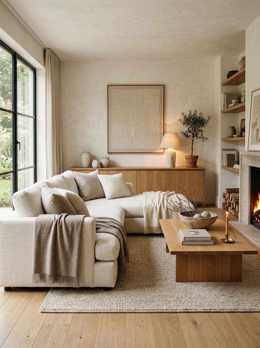 Finished cozy home office with clean desk setup, laptop, notebook, lamp, layered lighting, soft textures, organized storage, practical decor, and balanced neutral palette