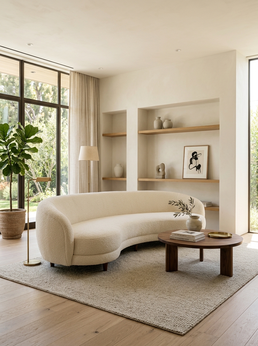 Cozy work office at dusk with glowing desk lamp on wood desk, warm floor lamp, ambient light, comfortable chair, neutral rug, framed artwork, and bookshelves