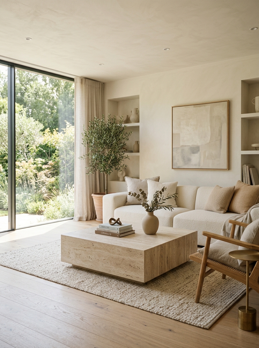 Cozy home office desk by large window with natural daylight, linen curtains, warm wood desk, laptop setup, neutral chair, plants, and cream beige tones