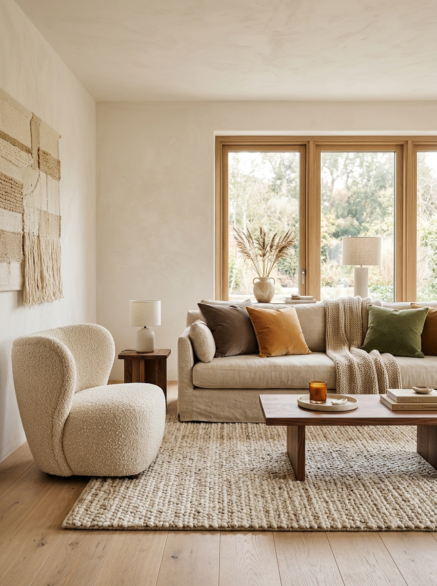 Cozy home office with open wall shelves styled with books, baskets, framed art, ceramic vase, trailing plant, wood desk, soft chair, warm lamp, and neutral walls