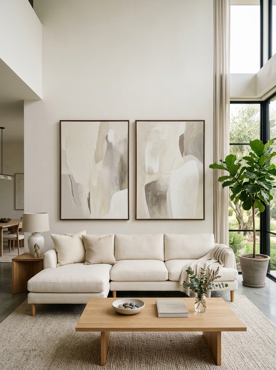 Cozy work office with small reading corner, neutral armchair, side table, lamp, books, desk area in background, beige tones, wood, soft white, and earthy accents