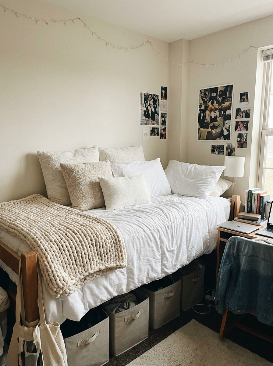 Cozy college dorm room with soft white twin XL bedding, layered pillows, knit throw, simple decor, and warm daylight