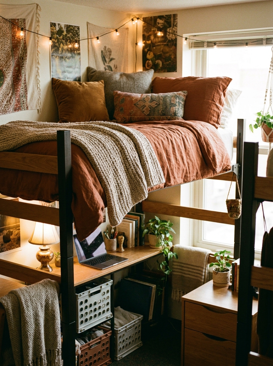 Lofted dorm bed with long bedding, plush throw, fabric panel, pillows, desk, storage, and coordinated colors