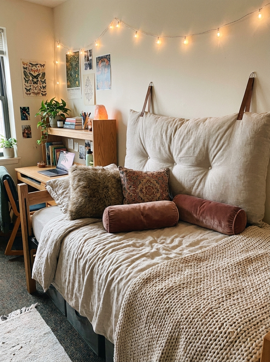 Dorm bed with fabric wall panel and large pillow backrest used as a cozy headboard alternative