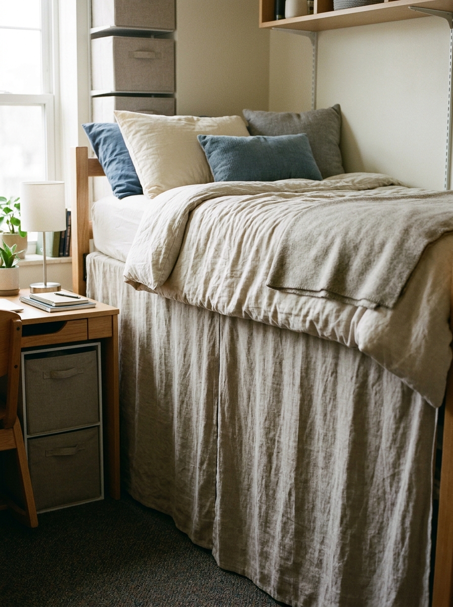 Dorm bed with neutral bed skirt covering organized under-bed bins and storage boxes