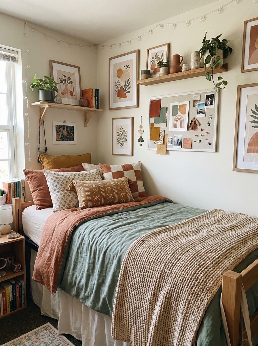 Dorm room with sage green and cream bedding coordinated with wall art, bulletin board, desk accessories, and pillows