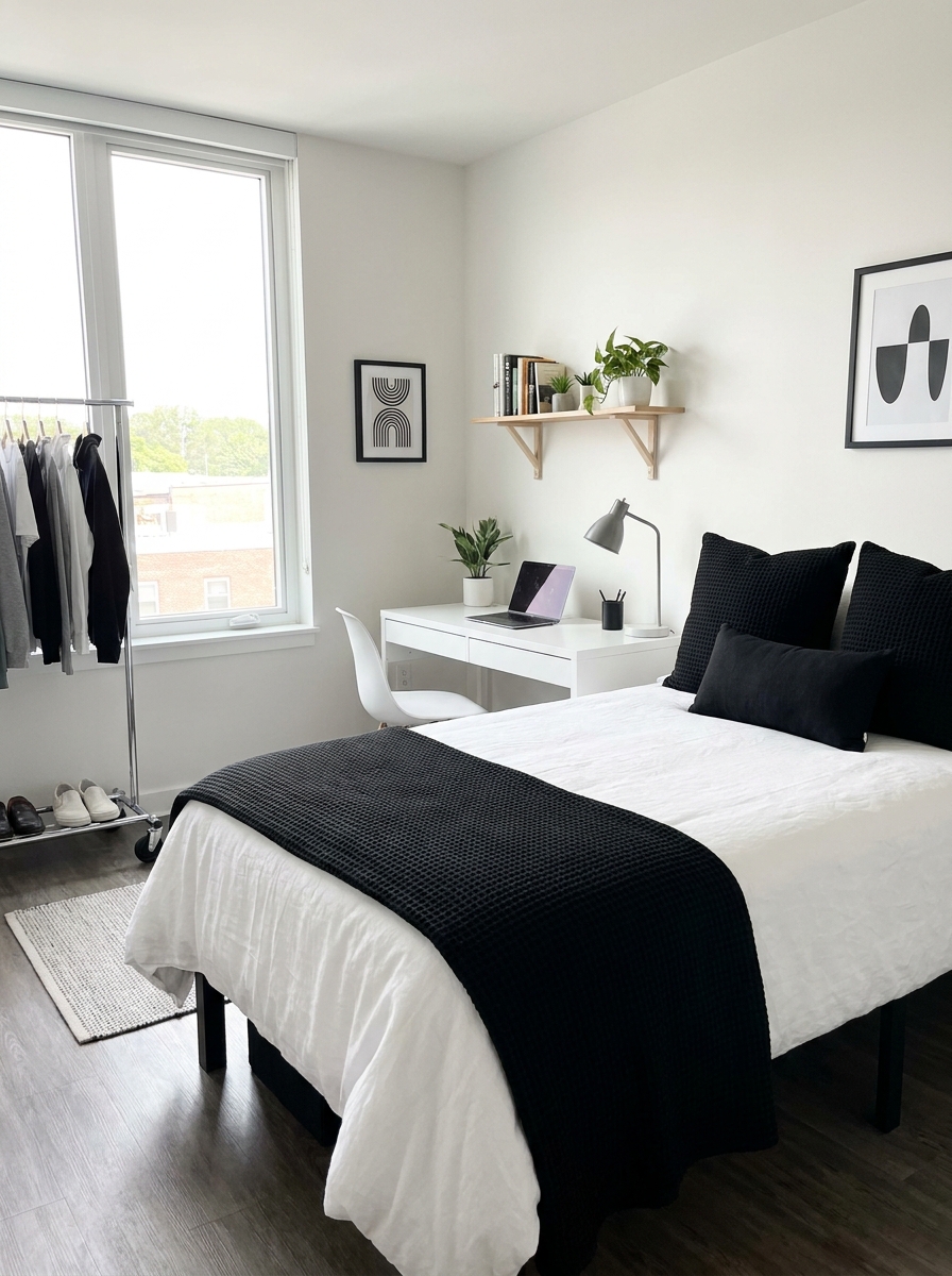 Modern dorm bed with white comforter, black accent pillows, striped sheets, knit blanket, and simple black and white decor