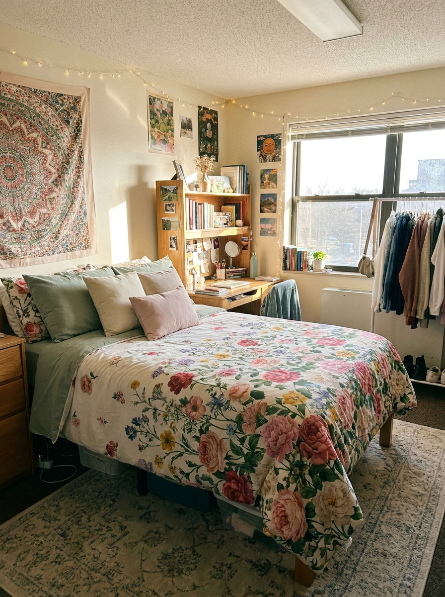 Dorm bed with small floral comforter, solid pillows, warm accents, and personal college room decor