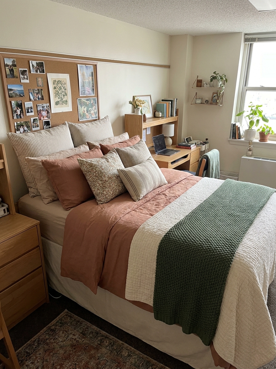 Complete stylish college dorm room with inviting twin XL bed, coordinated bedding, pillows, throw, study desk, and personal decor