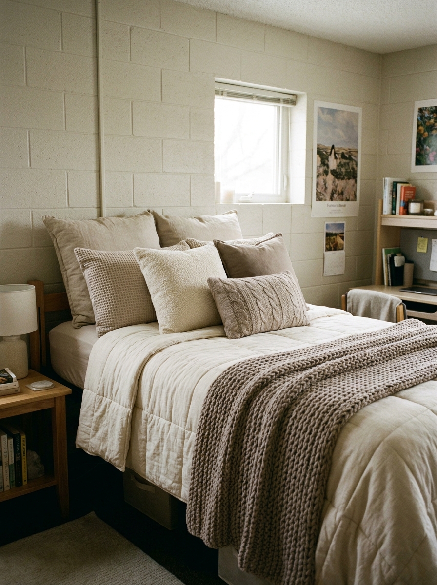 Dorm bed layered with quilted comforter, knit throw, soft pillowcases, and textured duvet cover