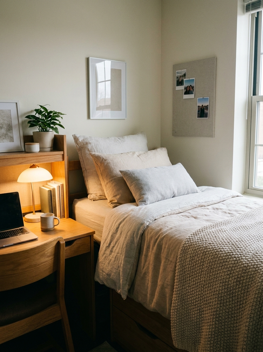 Calm dorm room with cream, beige, taupe, light gray, and oatmeal bedding layered on a twin XL bed